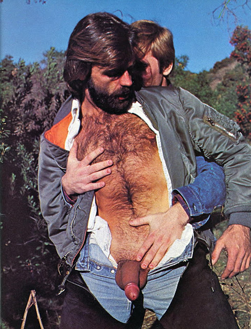 bob blount and partner out in the open embrace shirt open hairy chest