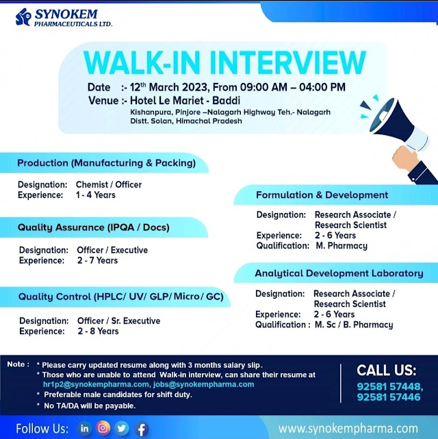 Synokem Pharma | Walk-In Interview for multiple positions in QA, QC, Production, R&D on 12th March 2023