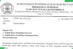 Surat Edaran Tentang SK SKTP bagi Guru PNSD dan Bukan PNS Semester 2 Tahun 2018/2019