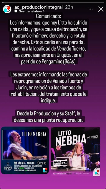 Litto Nebbia sufrió un accidente y tuvo que cancelar sus shows, entre ellos el de Junín