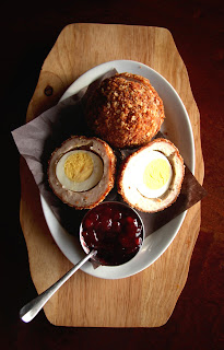 scotch egg, oatmeal, lingonberry