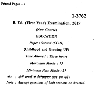 Childhood and Growing UP previous question paper B.Ed.(First Year) APSU REWA बाल्‍यावस्‍था एवं बड़ा होना  