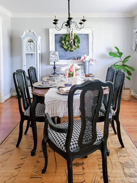 DIY Beautify dining room with black dining table and chairs, painted grandfather clock and French farmhouse chalkboard