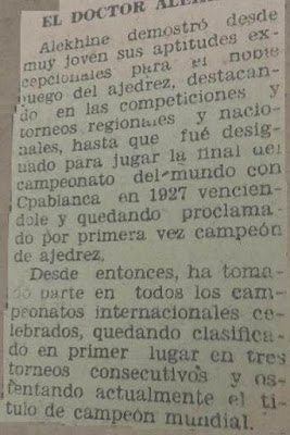 Alekhine en Lérida jugando al ajedrez en 1944, recorte de La Mañana