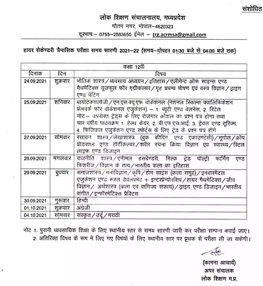 MP Board Class 12th Quarterly Exam (Trimasik Pariksha) time table 2021-22