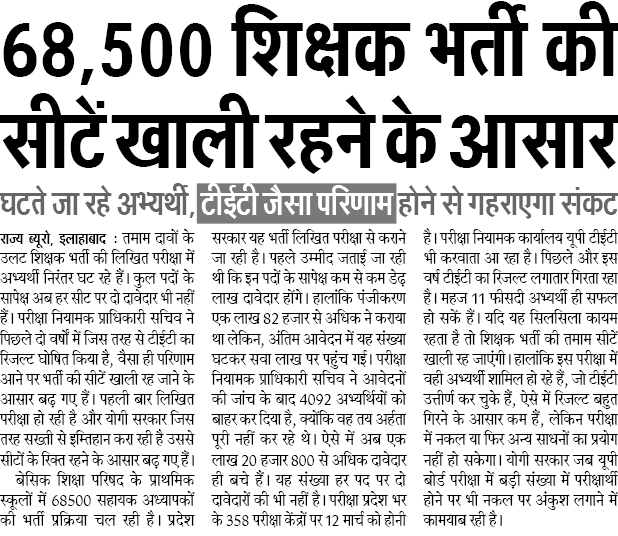 68,500 शिक्षक भर्ती की सीटें खाली रहने के आसार: घटते जा रहे अभ्यर्थी, टीईटी जैसा परिणाम होने से गहराएगा संकट