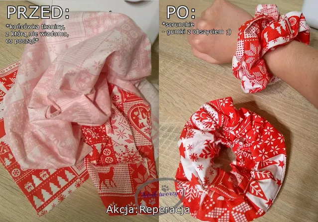 świąteczne scrunchie diy z resztek tkanin - Akcja:Reperacja u Adzika