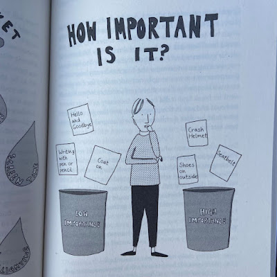 an image of a person inbetween two buckets, with the question "how important is it?" above. Then various notes falling into the bins either side, such as 'coat on', 'writing with pen or pencil', 'seatbelt' and 'crash helmet'.