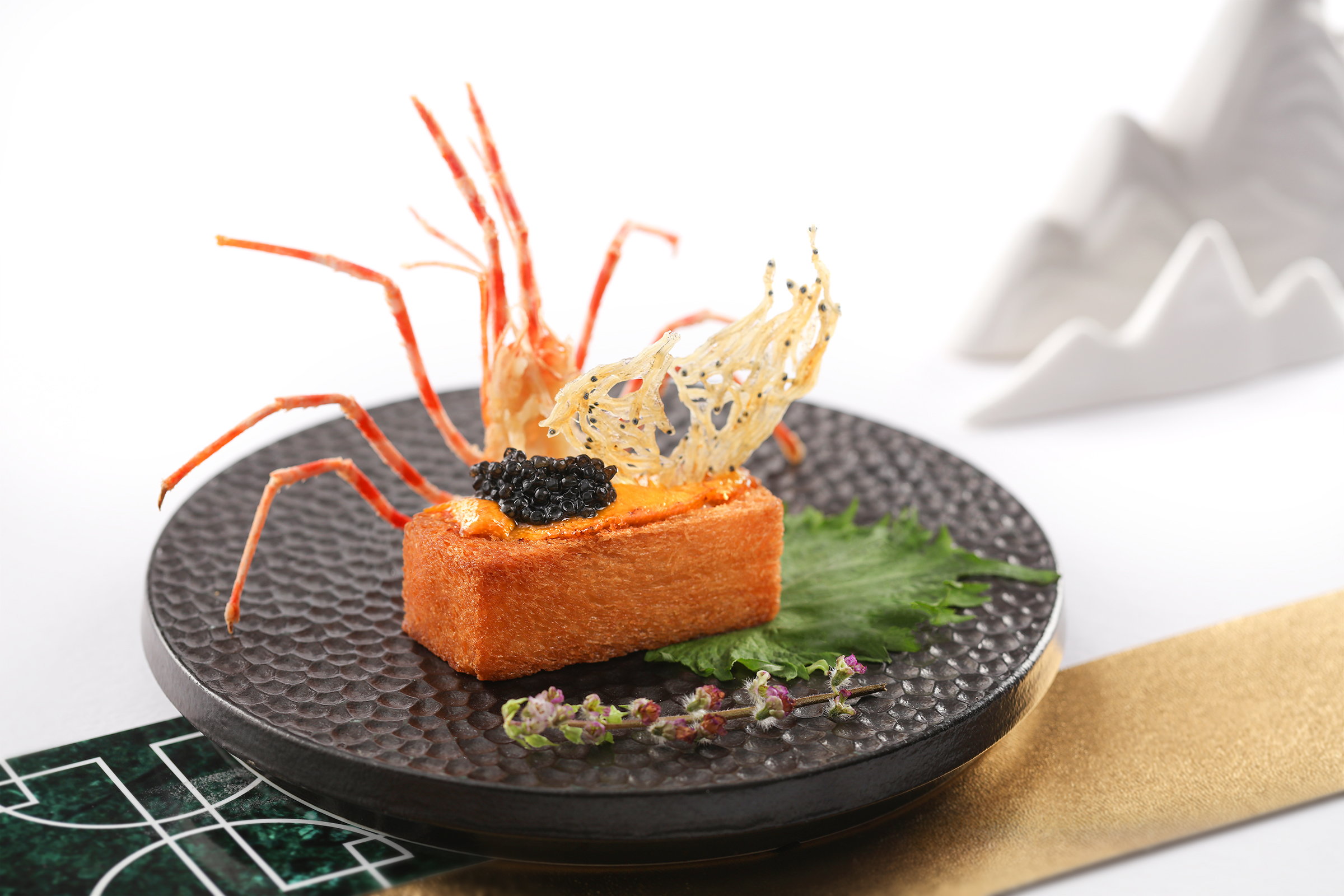 Crispy shrimp toasts, plum wine jelly, sea urchin, caviar