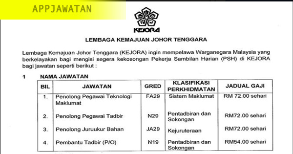 Jawatan Kosong di Lembaga Kemajuan Johor Tenggara (KEJORA)