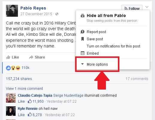 Pablo Reyes, Facebook, Status, Prediction, 27 December 2015, 2016, Hillary Clinton, Gorilla, Prince, Muhammad Ali, Kimbo Slice, Donald Trump, USA, Mass Shooting, Fake, Edited, Busted, Predicted, Truth, 