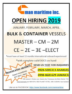 235  hiring seaman careers for Filipino crew work at a bulk carrier and container vessels deployment January-April 2019.