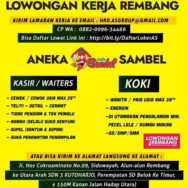 3 Lowongan Kerja Pegawai Kasir Waiters dan Koki Restoran Aneka Sambel Rembang
