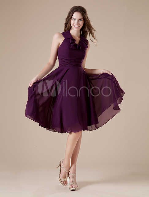 China Wholesale Homecoming Dresses - Feminine Purple V-neckline Chiffon A-line Womens Homecoming Dress