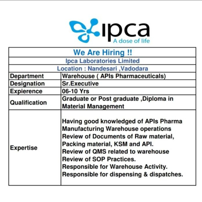 Job Availables,IPCA Job Vacancy For Graduate or Post graduate, Diploma in Material Management