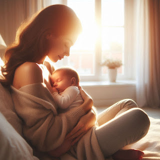 A mother and her baby sharing a peaceful bonding moment in a soft, cozy space filled with natural light and warmth.