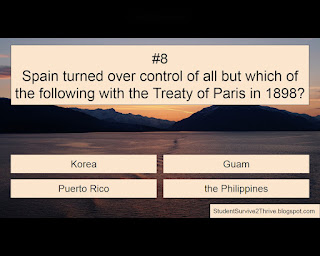 Spain turned over control of all but which of the following with the Treaty of Paris in 1898? Answer choices include: Korea, Guam, Puerto Rico, the Philippines