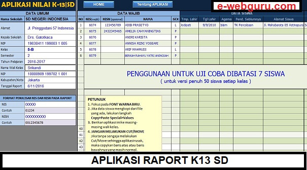 Aplikasi Raport K13 SD Sesuai Format Dapodik Elearning