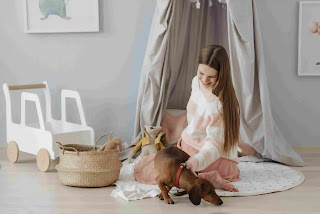 Mujer con perro en casa