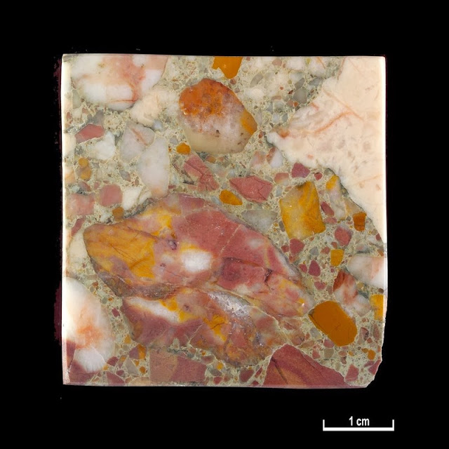 Marble specimen. Calabria, Italy. Pallizzi Quarries, Calabria, Italy. Calabria, Italy. Alternative name: Agrillei. Specimen description: Red/brown, orange and white fragments-veins. Anselm Odling. 