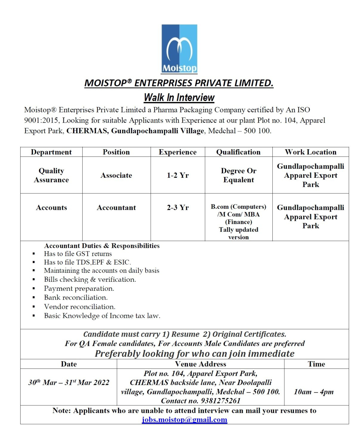 Job Availables,Moistop® Enterprises Private Limited Walk-In-Interview For QA/ Account Department