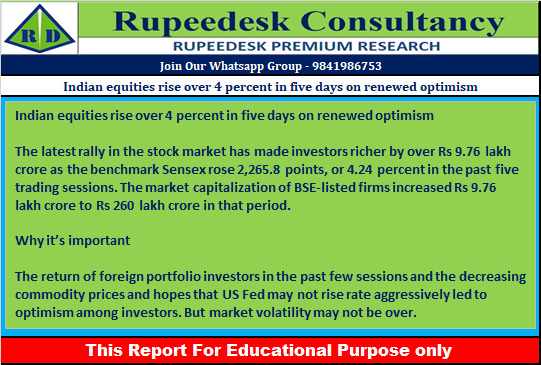 Indian equities rise over 4 percent in five days on renewed optimism - Rupeedesk Reports - 22.07.2022