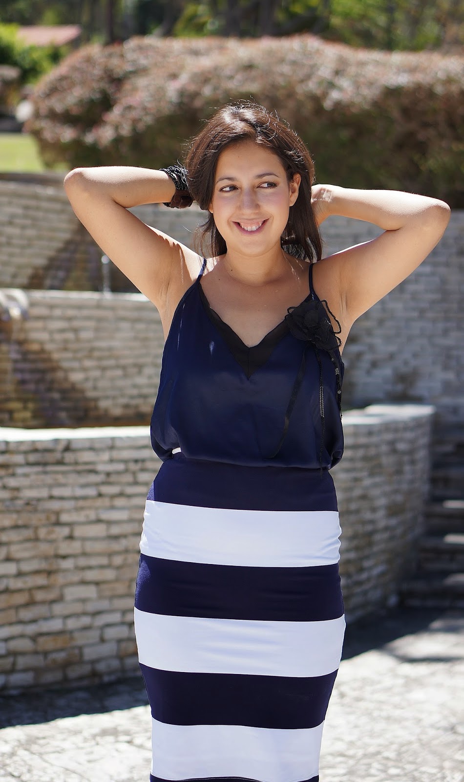 Shoemint Strappy heels, Navy and White Striped Pencil Skirt, Navy Blue Lace camisole