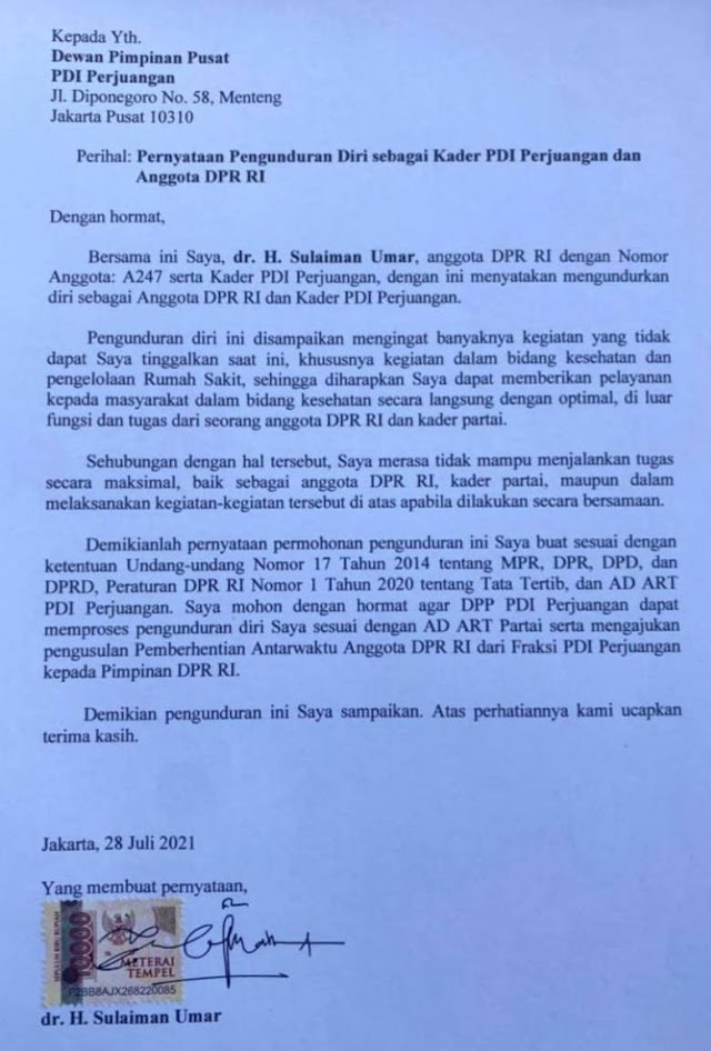 Anggota DPR RI dari daerah pemilihan Kalimantan Selatan II LUAR BIASA.. dr. Sulaiman Umar Mundur dari Anggota DPR RI dan PDIP