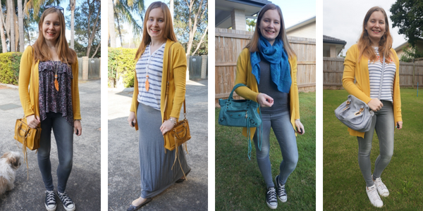 4 grey and yellow outfit ideas with mustard cardigan  awayfromblue