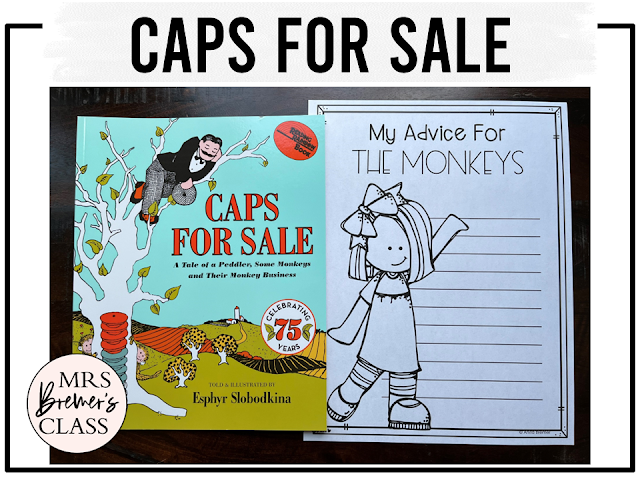 Caps For Sale book activities unit with literacy printables, reading comprehension companion worksheets, lesson ideas, and a craft for Kindergarten and First Grade