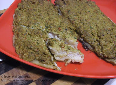 Baked Basa Fillet with Walnut and Olive Pesto