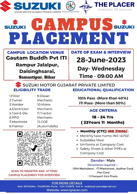 ITI Jobs Campus Placement Drive in Bihar for Suzuki Motor Gujarat Private Limited | Gautam Buddha Pvt ITI, Rampur Jalalpur, Bihar