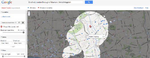 Google Hotel Finder is experimenting amongst an isochrone layer to search for hotels inside a New Google Hotel Finder Isochrones Experiment