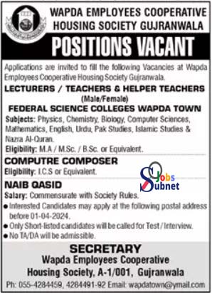 Male female Teachers Jobs At Federal Science College Wapda Town 2024