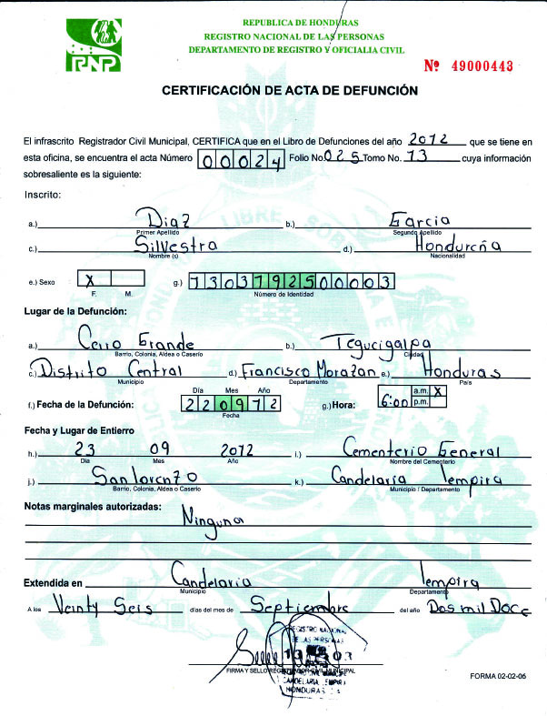 Acta de defuncion y certificado de defuncion 