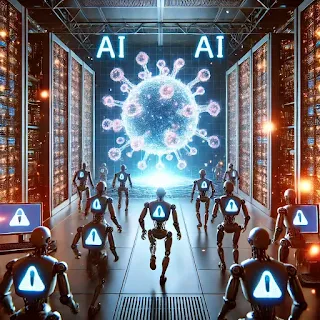 A group of humanoid robots with glowing security warning symbols on their backs rush toward a giant holographic virus inside a high-tech data center. The words "AI" are displayed above, symbolizing an artificial intelligence-driven cyber threat.