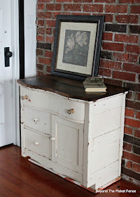 commode, small dresser, antique, wooden spools, barnwood, http://bec4-beyondthepicketfence.blogspot.com/2016/03/charming-commode.html