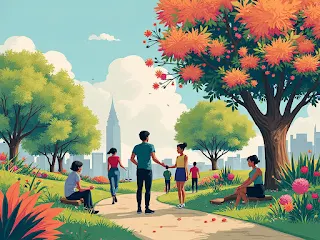 A vibrant community scene showing diverse individuals engaged in creative, sustainable, and safe activities, representing the goals of the Palmerston North City Council’s Strategic Priority Grants for community-led projects and initiatives.