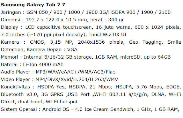 SPESIFIKASI SAMSUNG GALAXY TAB 2.70