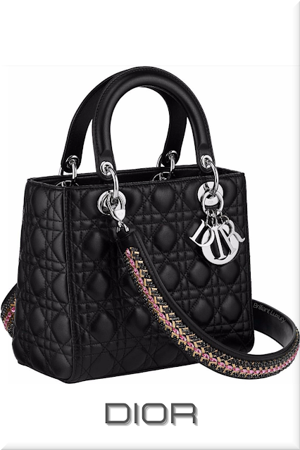 ♦Dior Lady Dior iconic black lambskin mini top handle bag with beautiful embroidered shoulder strap and silver Dior charms #dior #bags #ladydior #brilliantluxury