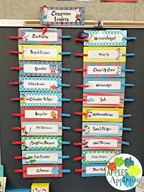 Keeping Organized with Two Half Day Classes. Color coded student job chart. | Apples to Applique