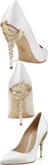 ♦Ralph & Russo white satin Eden heels with pearls & gold leaves #ralphrusso #shoes #brilliantluxury