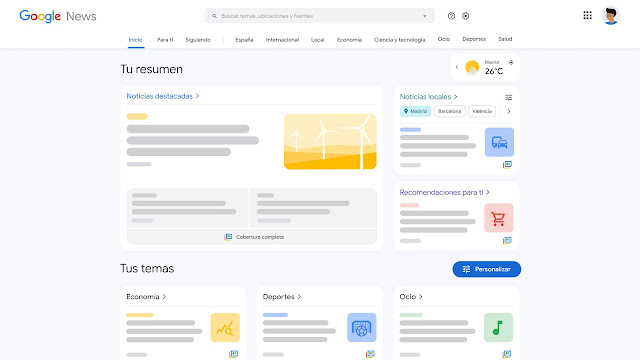 Gráficos y titulares de diferentes colores que representan las secciones de Google News en el escritorio en España, incluyendo el tema, Tu resumen, noticias locales y más.