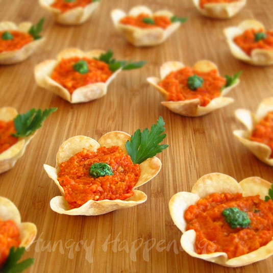 Flower Crisps filled with Creamy Goat Cheese and Roasted Red Pepper Pesto