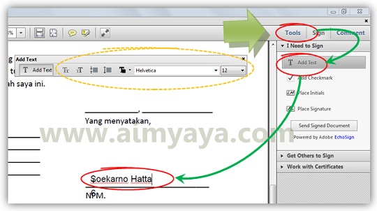  Gambar: Cara menambahkan teks/tulisan pada file dokumen PDF menggunakan Adobe Reader XI