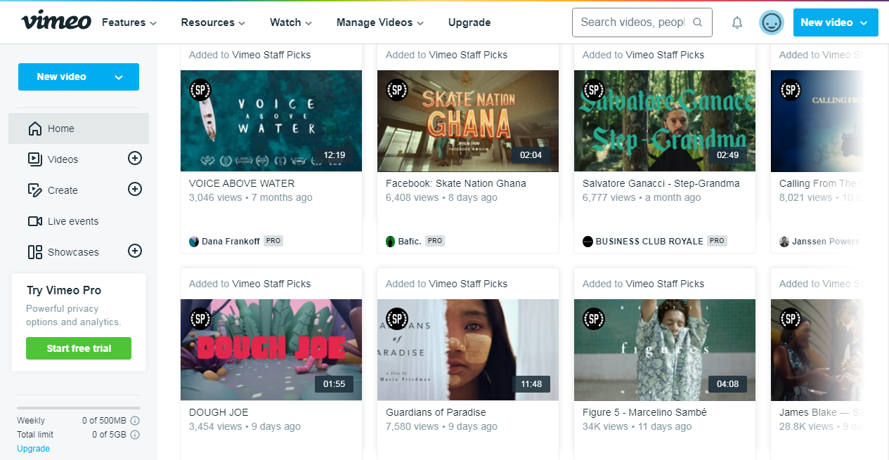 A screenshot of Vimeo