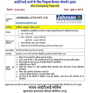 ITI Jobs Campus Placement Drive at Madhav ITI College, Gwalior for Johnson Lifts Pvt Ltd | Gwalior, Jabalpur, Bhopal, Sagar  Locations