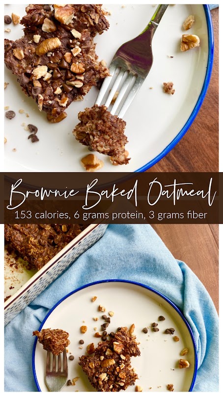 Collage of brownie baked oatmeal on a white plate with fork.