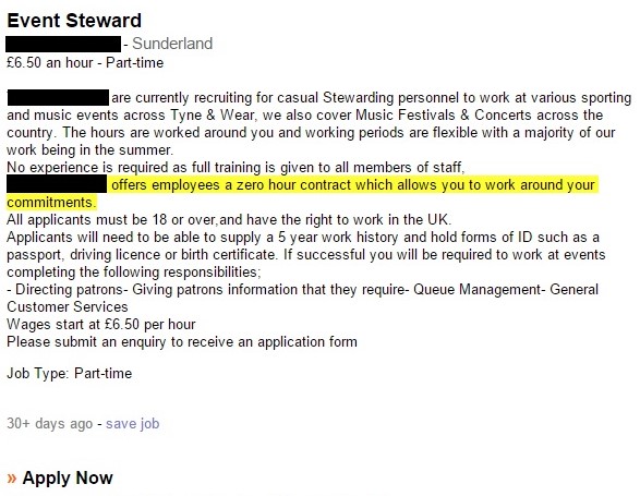 Zero-hour contract event steward job advert