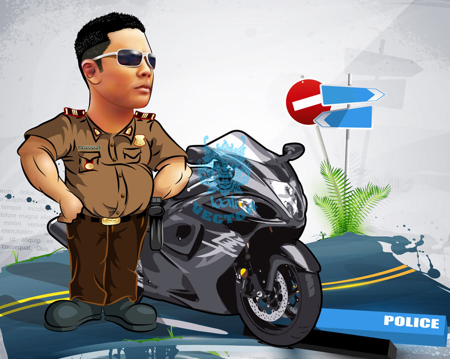 Karikatur Pak Polisi Bersama Motornya Jasa karikatur vector